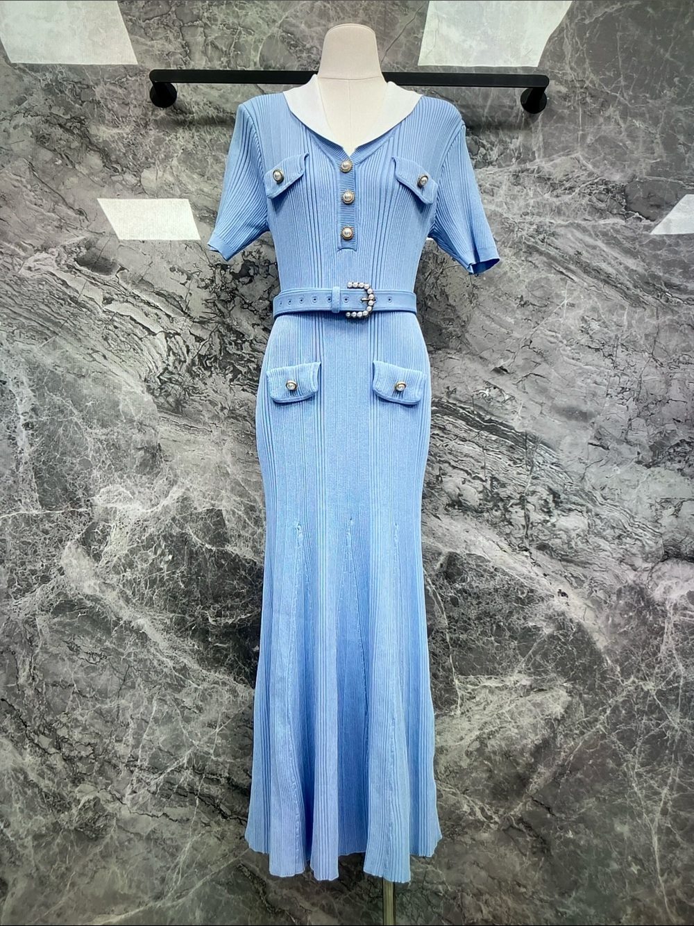 Self-Portrait Sky Blue Pearl-Embellished Buckle Midi Dress